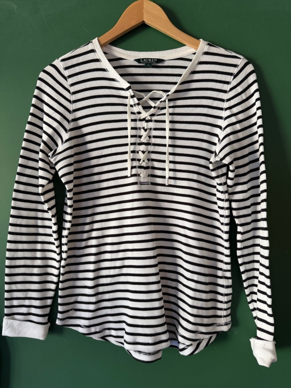 Lauren Ralph Lauren Black & White Striped Lace-Up Top Nautical Classic Waffle